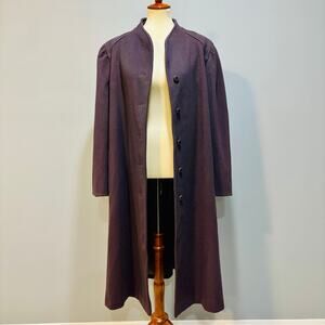 Vintage Plum Purple Wool Blend Maxi Coat with Ruffle Sleeves, Size XL
